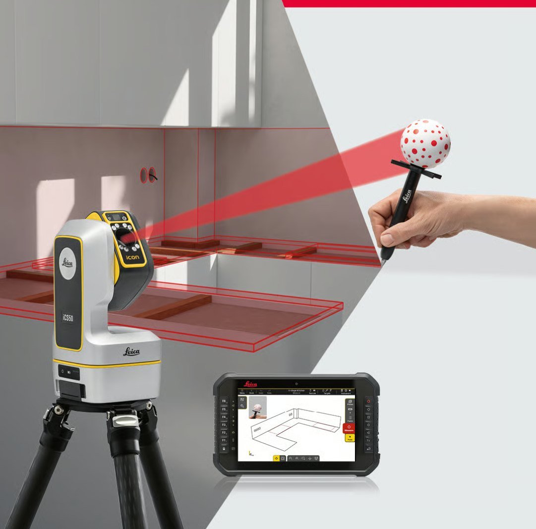 A Leica iCON iCS50 on a tripod in a kitchen. A red laser beam runs from the instrument to a wireless vPen held at the worktop, red outlines trace the worktops being captured, and a tablet shows the resulting CAD model.